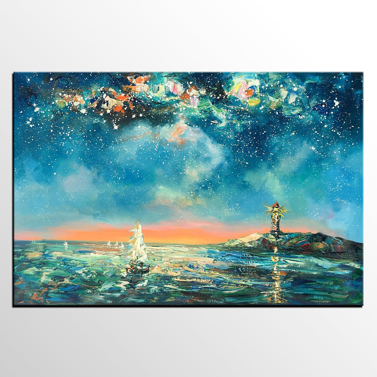 Canvas Painting, Abstract Art, Starry Night Light House Painting, Custom Landscape Wall Art, Original Painting-Grace Painting Crafts