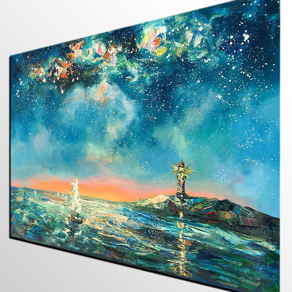 Canvas Painting, Abstract Art, Starry Night Light House Painting, Custom Landscape Wall Art, Original Painting-Grace Painting Crafts