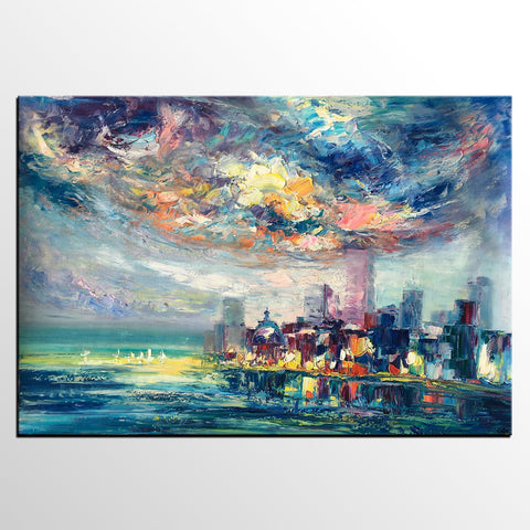 Cityscape Painting, Oil Painting on Canvas, Custom Landscape Canvas Painting, Heavy Texture Wall Art Paintings-Grace Painting Crafts