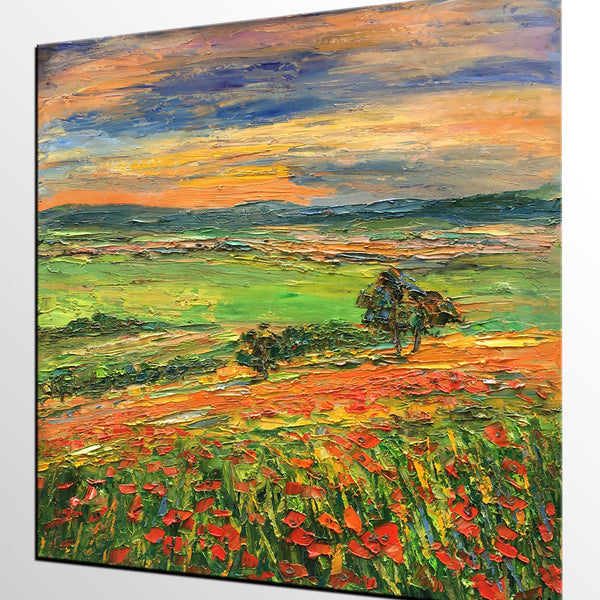 Landscape Painting on Canvas, Flower Field Painting, Heavy Texture Paintings, Custom Original Oil Painting, Living Room Wall Art Paintings-Grace Painting Crafts