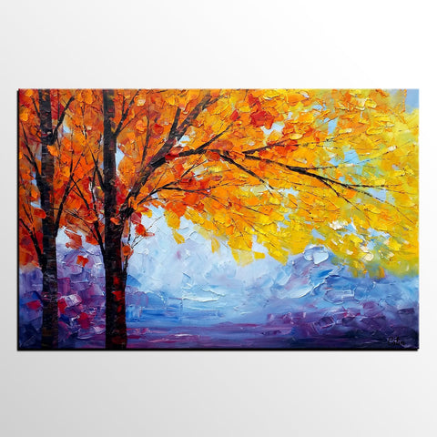 Autumn Tree Painting, Autumn Paintings, Original Landscape Oil Paintings, Custom Art, Canvas Painting for Living Room-Grace Painting Crafts