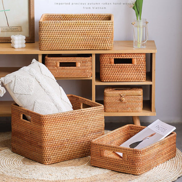 Woven Rattan Storage Baskets for Bedroom, Storage Basket for Shelves, Large Rectangular Storage Baskets for Clothes, Storage Baskets for Kitchen-Grace Painting Crafts