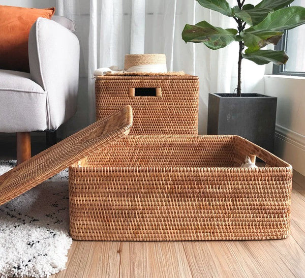 Laundry Storage Baskets for Bathroom, Rectangular Storage Baskets for Clothes, Wicker Storage Baskets for Shelves, Rattan Storage Baskets for Kitchen, Storage Basket with Lid-Grace Painting Crafts