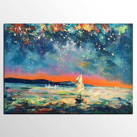 Modern Abstract Art, Oil Painting, Starry Night Sky, Landscape Painting, Bedroom Wall Art-Grace Painting Crafts