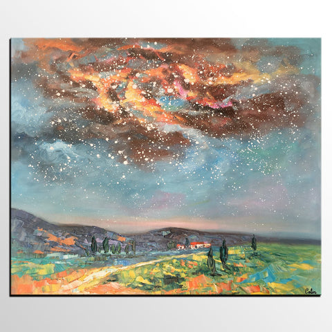 Landscape Oil Painting, Starry Night Sky Painting, Heavy Texture Painting, Custom Abstract Painting-Grace Painting Crafts