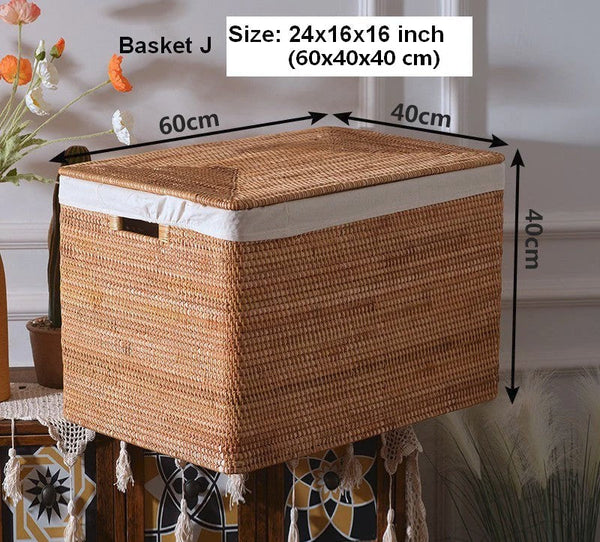 Extra Large Storage Baskets for Clothes, Oversized Rectangular Storage Basket with Lid, Wicker Rattan Storage Basket for Shelves, Storage Baskets for Bedroom-Grace Painting Crafts