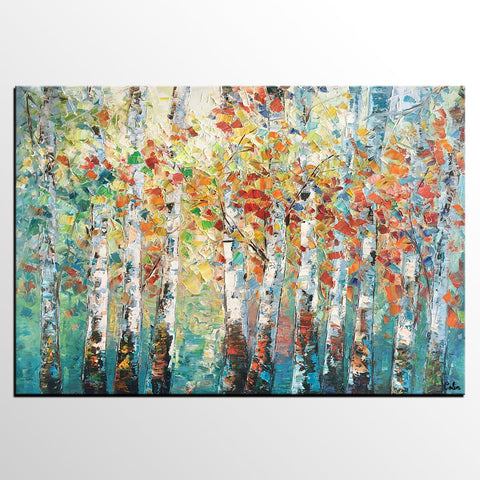 Canvas Art Painting, Large Wall Art, Summer Birch Tree Painting, Custom Extra Large Oil Painting-Grace Painting Crafts