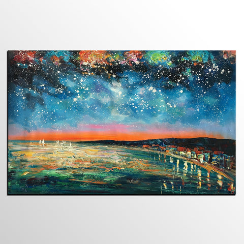 Landscape Painting, Starry Night Oil Painting, Original Wall Art, Custom Large Canvas Art-Grace Painting Crafts