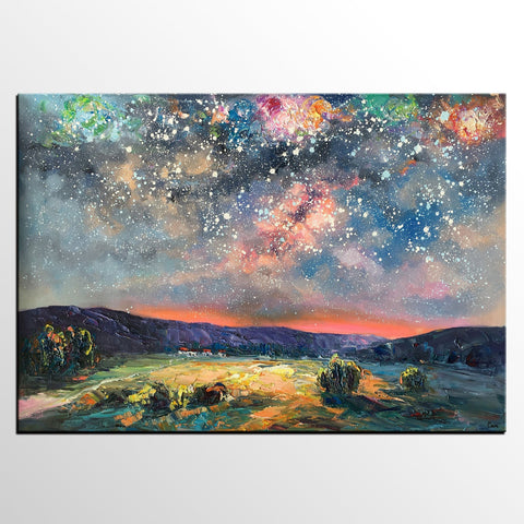 Abstract Landscape Painting, Starry Night Sky Painting, Heavy Texture Painting, Impasto Painting, Custom Wall Art Paintings for Living Room-Grace Painting Crafts