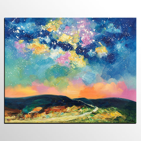 Abstract Landscape Painting, Starry Night Sky Painting, Heavy Texture Painting, Custom Canvas Painting for Sale, Large Painting for Bedroom-Grace Painting Crafts