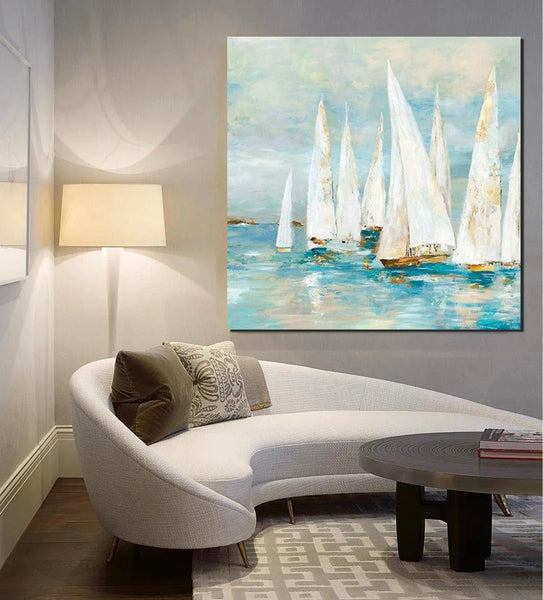 Sail Boat Painting, Hand Painted Abstract Painting, Abstract Landscape Painting, Extra Large Abstract Paintings on Canvas, Bedroom Wall Art Ideas-Grace Painting Crafts