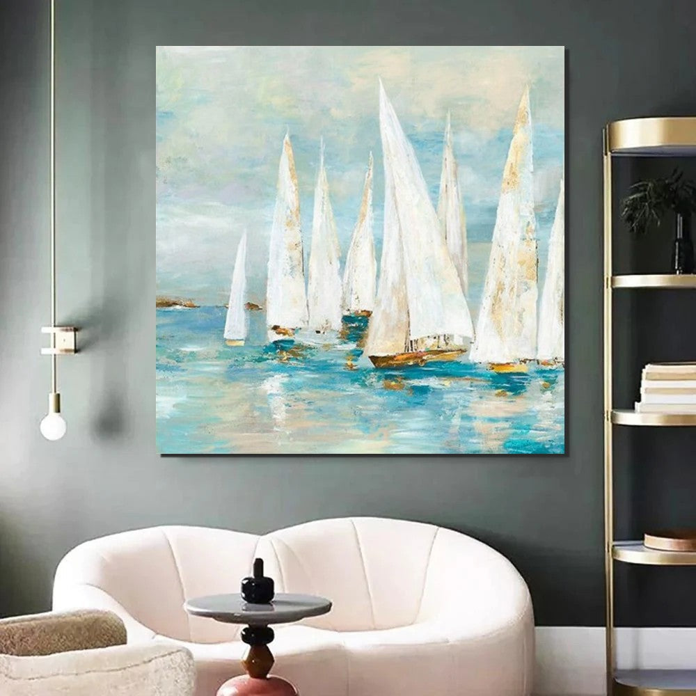 Sail Boat Painting, Hand Painted Abstract Painting, Abstract Landscape Painting, Extra Large Abstract Paintings on Canvas, Bedroom Wall Art Ideas-Grace Painting Crafts