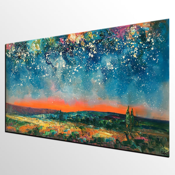 Original Landscape Painting, Starry Night Sky Painting, Bedroom Wall Art Paintings, Custom Original Painting for Sale-Grace Painting Crafts