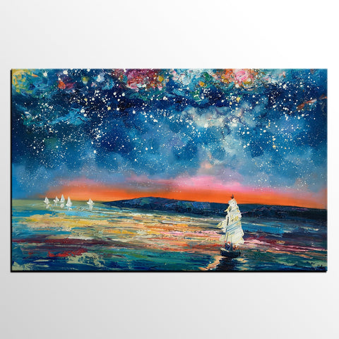 Canvas Painting, Abstract Art for Sale, Sail Boat under Starry Night Sky Painting, Custom Art, Buy Art Online-Grace Painting Crafts