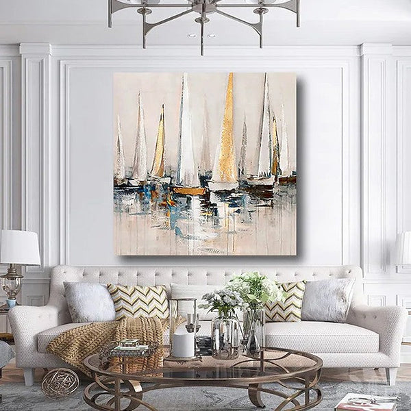 Sail Boat Paintings, Modern Acrylic Canvas Painting, Acrylic Painting on Canvas, Simple Painting Ideas for Dining Room, Oversized Canvas Painting for Sale-Grace Painting Crafts