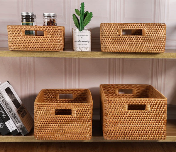 Woven Rattan Storage Baskets for Bedroom, Storage Basket for Shelves, Large Rectangular Storage Baskets for Clothes, Storage Baskets for Kitchen-Grace Painting Crafts