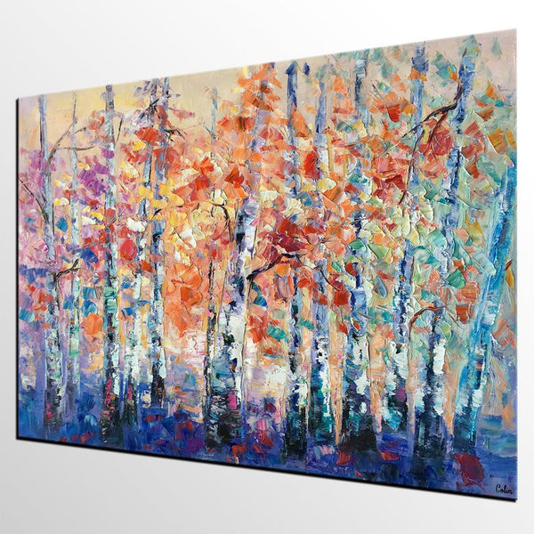 Palette Knife Paintings, Autumn Tree Landscape Paintings, Custom Canvas Painting for Dining Room, Landscape Canvas Paintings, Heavy Texture Painting-Grace Painting Crafts