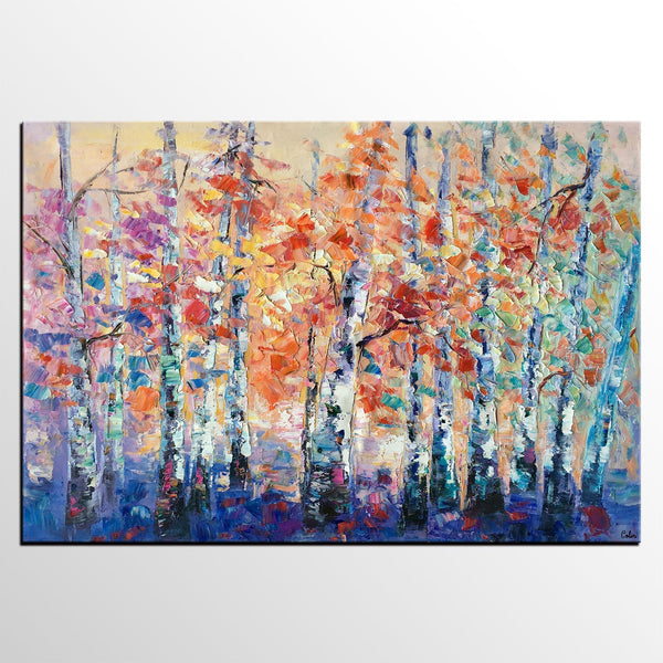 Palette Knife Paintings, Autumn Tree Landscape Paintings, Custom Canvas Painting for Dining Room, Landscape Canvas Paintings, Heavy Texture Painting-Grace Painting Crafts