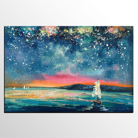 Landscape Oil Paintings, Sail Boat under Starry Night Sky Painting, Landscape Canvas Paintings, Custom Landscape Wall Art Paintings for Living Room-Grace Painting Crafts