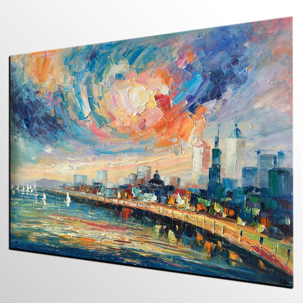 Abstract Landscape Painting, Original Oil Painting on Canvas, Custom Cityscape Painting, Palette Knife Painting-Grace Painting Crafts