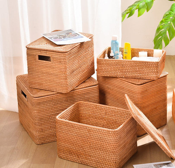 Rectangular Storage Basket with Lid, Rattan Basket, Storage Basket for Shelves, Storage Baskets for Bathroom, Bedroom Storage Baskets-Grace Painting Crafts