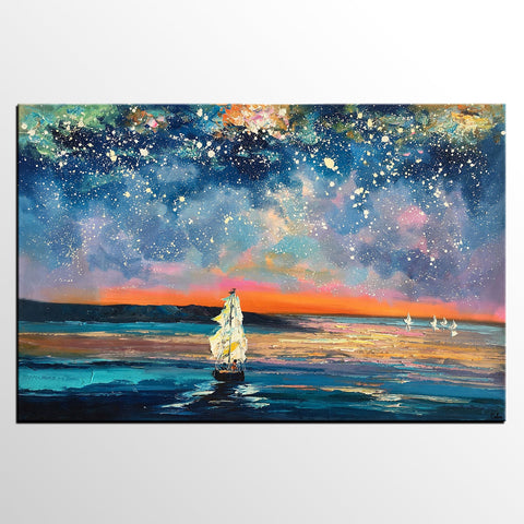 Landscape Canvas Painting, Large Canvas Wall Art, Starry Night Sky Painting, Custom Canvas Painting for Bedroom-Grace Painting Crafts