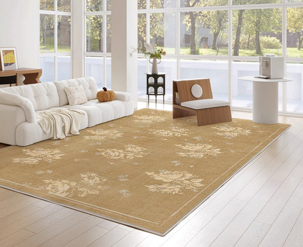 Flower Pattern French Style Modern Rugs for Dining Room, Contemporary Modern Rugs, Mid Century Modern Rugs for Interior Design, Yellow Soft Rugs under Coffee Table-Grace Painting Crafts