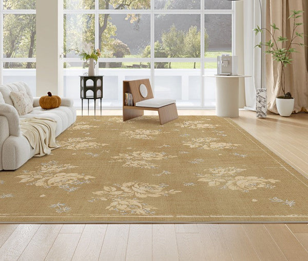 Flower Pattern French Style Modern Rugs for Dining Room, Contemporary Modern Rugs, Mid Century Modern Rugs for Interior Design, Yellow Soft Rugs under Coffee Table-Grace Painting Crafts