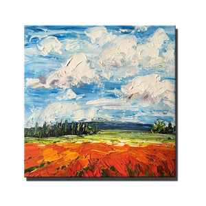 Red Poppy Field and Sky, Abstract Landscape Painting, Landscape Paintings for Living Room, Large Landscape Painting for Dining Room, Heavy Texture Painting-Grace Painting Crafts