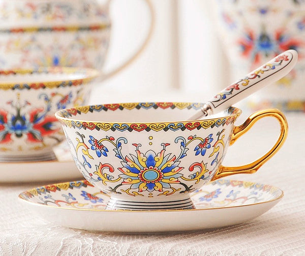 Bohemia Ceramic Coffee Cups, Creative Ceramic Cups, China Porcelain Tea Cup Set, Unique Afternoon Tea Cups and Saucers-Grace Painting Crafts