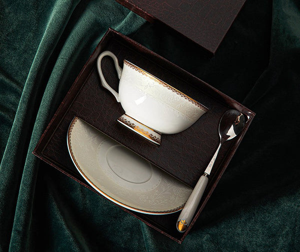 Bone China Porcelain Coffee Cup Set, White Ceramic Cups, Elegant British Ceramic Coffee Cups, Unique Tea Cup and Saucer in Gift Box-Grace Painting Crafts