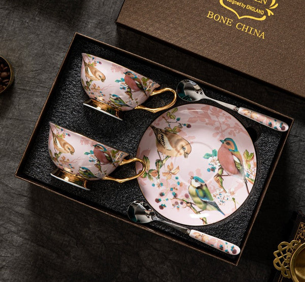 Unique Tea Cup and Saucer in Gift Box, Lovely Birds Ceramic Cups, Elegant Ceramic Coffee Cups, Afternoon Bone China Porcelain Tea Cup Set-Grace Painting Crafts