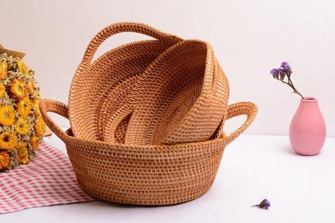 Woven Round Storage Basket, Storage Baskets for Kitchen, Rattan Storage Basket with Handle, Storage Basket for Dining Room, Set of 3-Grace Painting Crafts