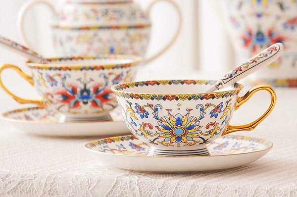 Bohemia Ceramic Coffee Cups, Creative Ceramic Cups, China Porcelain Tea Cup Set, Unique Afternoon Tea Cups and Saucers-Grace Painting Crafts