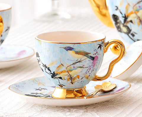 Elegant Ceramic Coffee Cups, Unique Bird Flower Tea Cups and Saucers in Gift Box as Birthday Gift, Beautiful British Tea Cups, Royal Bone China Porcelain Tea Cup Set-Grace Painting Crafts