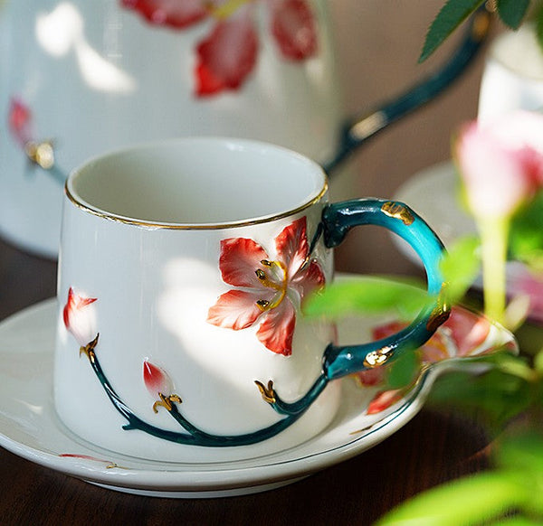 Afternoon British Tea Cups, Creative Bone China Porcelain Tea Cup Set, Traditional English Tea Cups and Saucers, Unique Ceramic Coffee Cups-Grace Painting Crafts