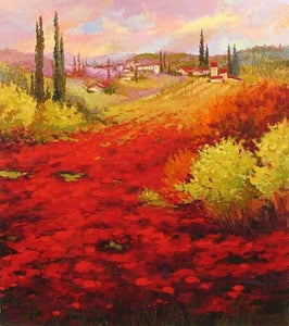 Flower Field, Wall Art, Large Painting, Canvas Painting, Landscape Painting, Living Room Wall Art, Cypress Tree, Oil Painting, Canvas Art, Red Poppy Field-Grace Painting Crafts