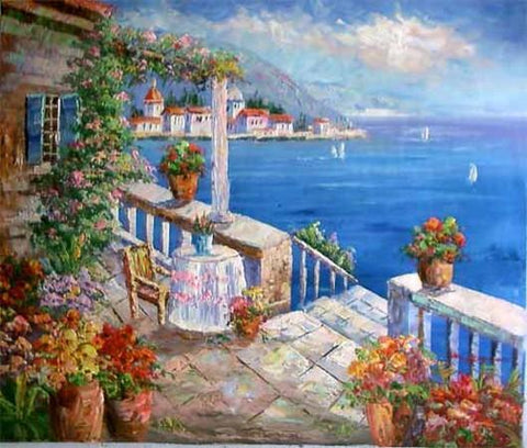 Summer Resort Painting, Canvas Painting, Landscape Painting, Wall Art, Large Painting, Living Room Wall Art, Oil Painting, Canvas Wall Painting, Spain Summer Resort-Grace Painting Crafts