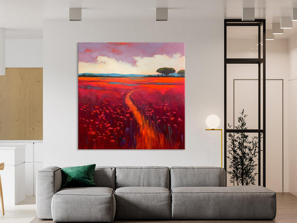 Original Hand Painted Wall Art, Landscape Paintings for Living Room, Abstract Canvas Painting, Abstract Landscape Art, Red Poppy Field Painting-Grace Painting Crafts