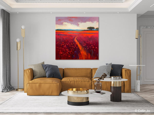 Original Hand Painted Wall Art, Landscape Paintings for Living Room, Abstract Canvas Painting, Abstract Landscape Art, Red Poppy Field Painting-Grace Painting Crafts