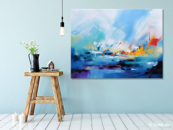 Hand Painted Canvas Art, Blue Original Wall Art Painting for Bedroom, Extra Large Modern Canvas Paintings, Acrylic Paintings on Canvas-Grace Painting Crafts