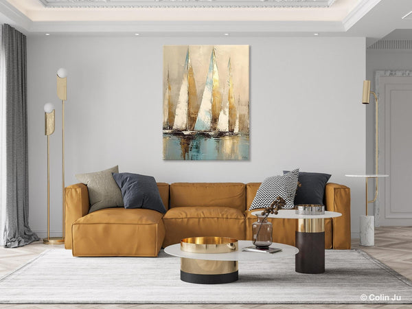 Sail Boat Abstract Painting, Landscape Canvas Paintings for Dining Room, Acrylic Painting on Canvas, Original Landscape Abstract Painting-Grace Painting Crafts