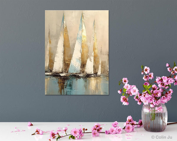 Sail Boat Abstract Painting, Landscape Canvas Paintings for Dining Room, Acrylic Painting on Canvas, Original Landscape Abstract Painting-Grace Painting Crafts