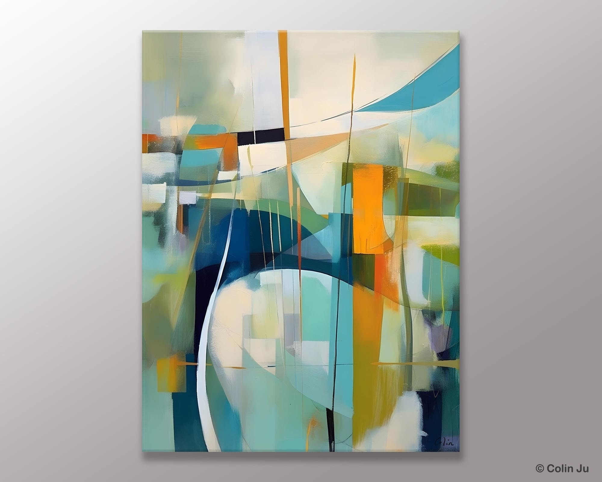 Large Geometric Abstract Painting, Acrylic Painting on Canvas, Landscape Canvas Paintings for Bedroom, Original Landscape Abstract Painting-Grace Painting Crafts