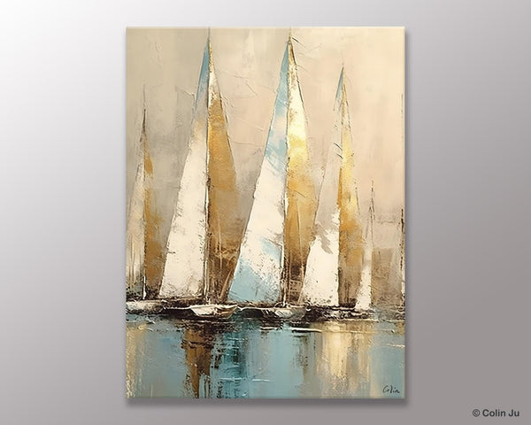 Sail Boat Abstract Painting, Landscape Canvas Paintings for Dining Room, Acrylic Painting on Canvas, Original Landscape Abstract Painting-Grace Painting Crafts